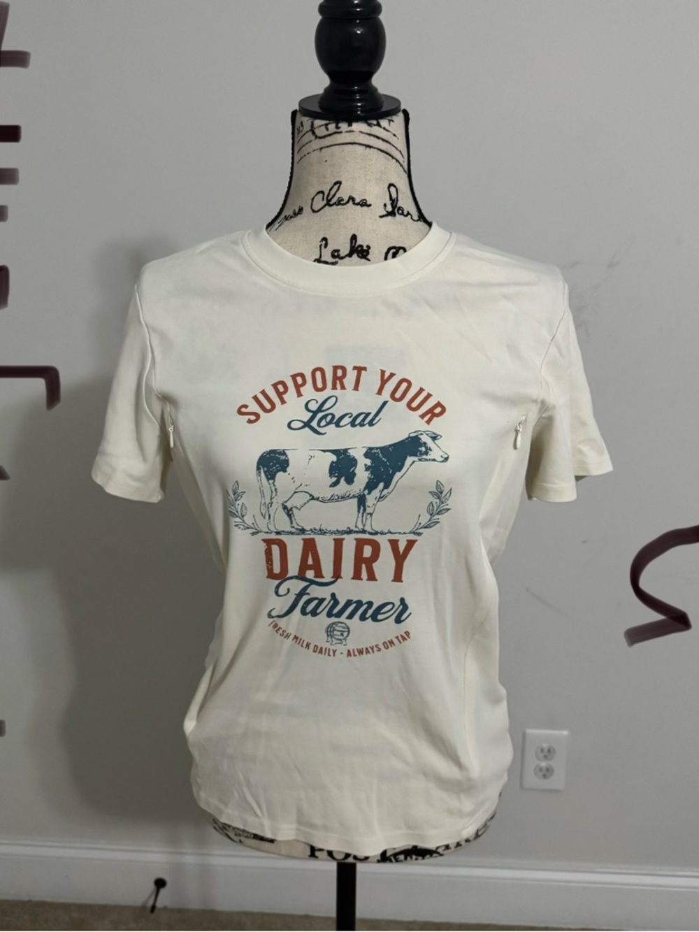 Support Your Local Dairy Farmer Graphic Tee - Cream with Blue & Rust Print